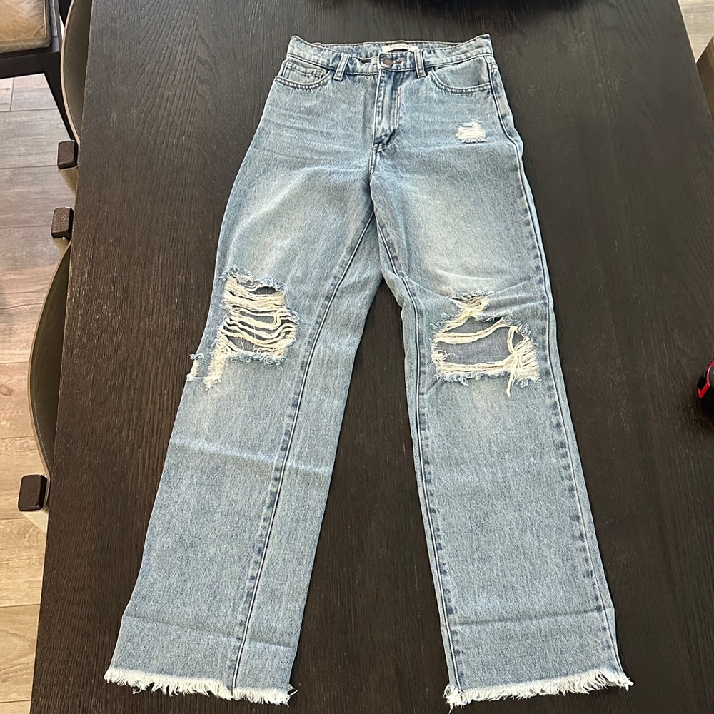 Vibrant Light Blue Distressed Straight Leg Jeans